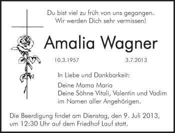 Traueranzeige von Amalia Wagner von Pegnitz-Zeitung